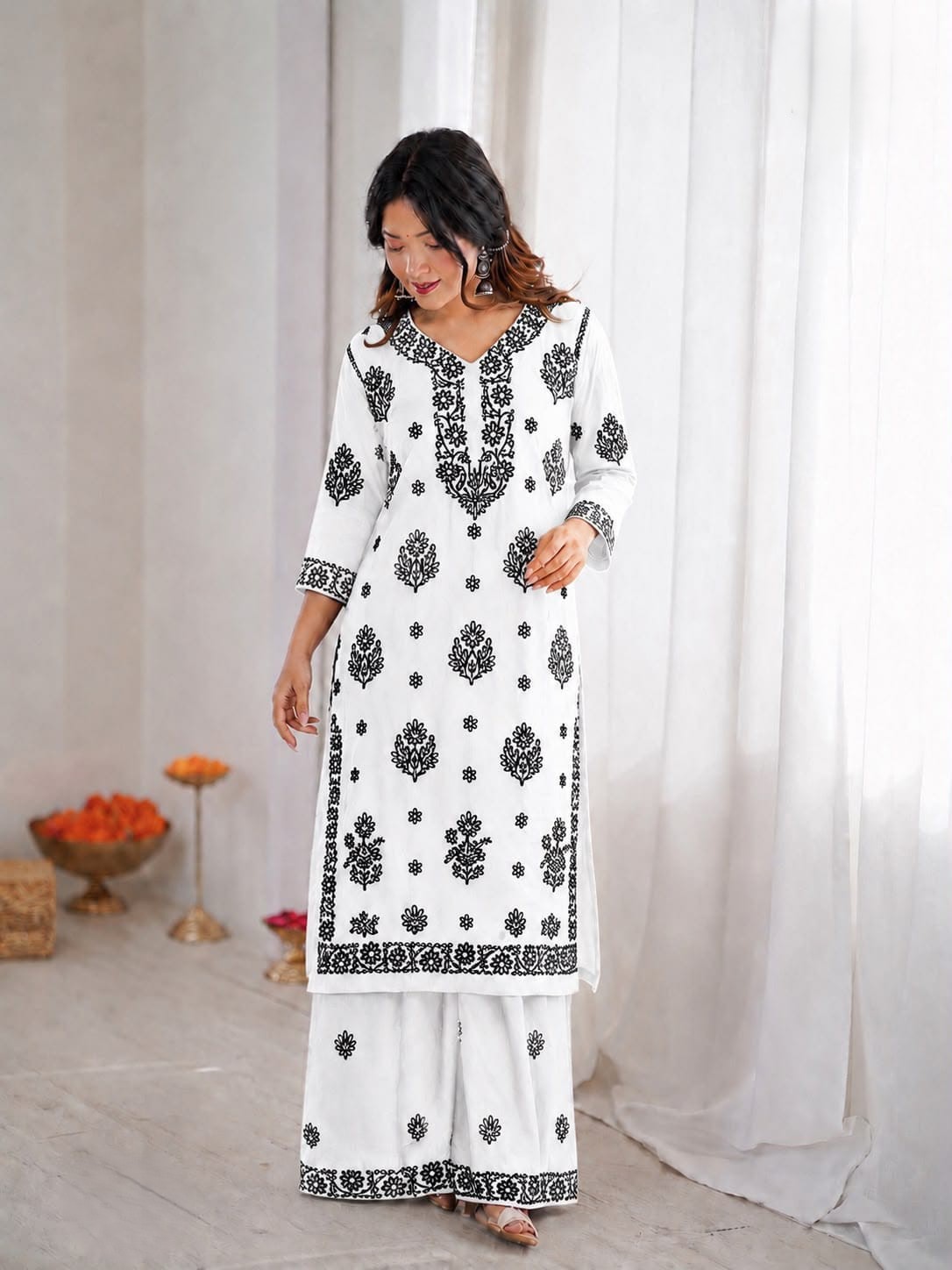 Trending Heavy Chikankari Rayon Kurti With Plazzo Set